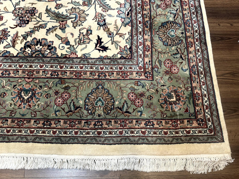 Indo Persian Rug 9x12, Allover Floral Pattern, Ivory & Green, Traditional Oriental Carpet by Jewel Rugs