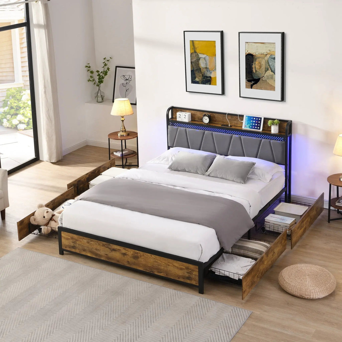 Modern Bed Frame With LED Lights, Upholstered Headboard, USB Charging by HouseOfZazla