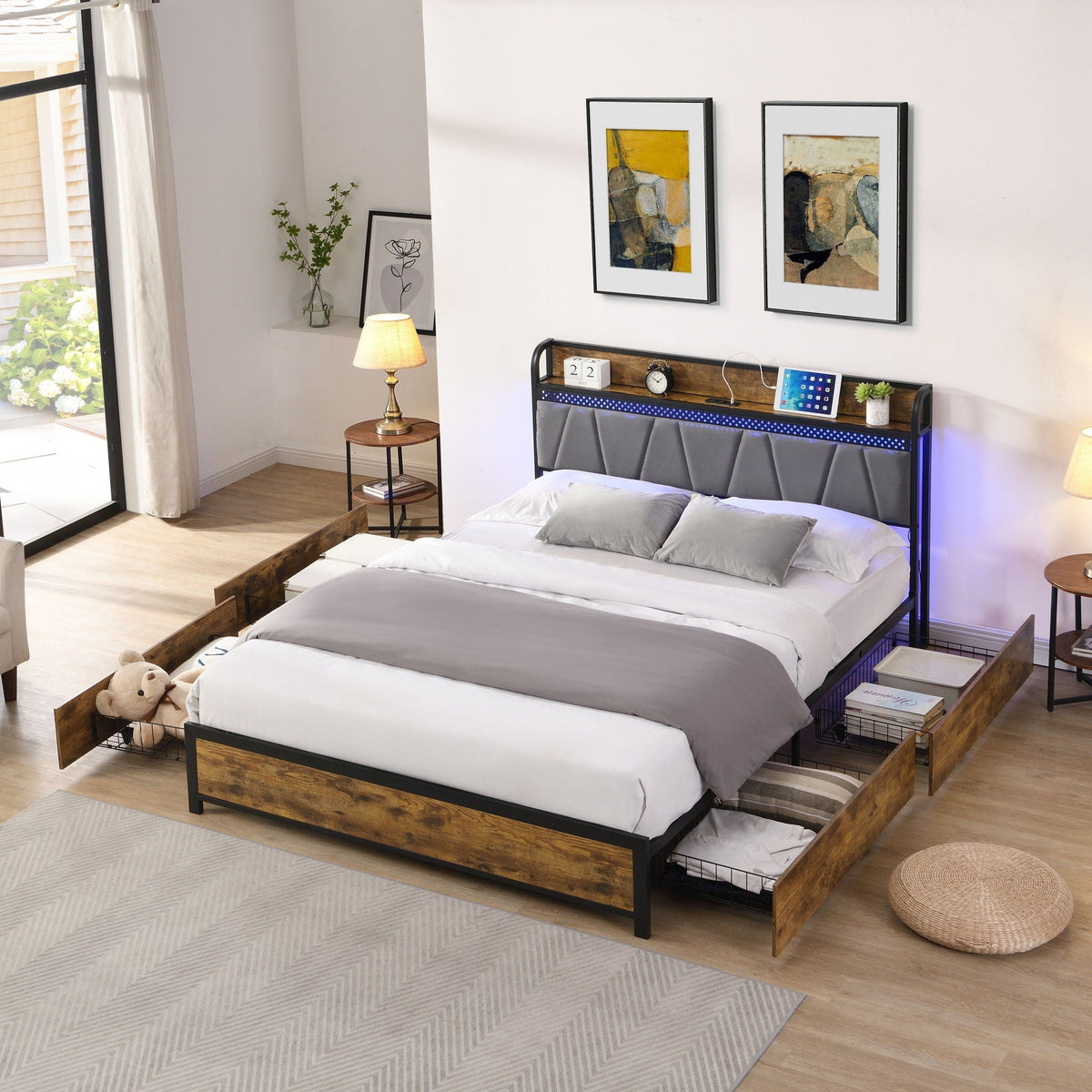 Modern Platform Bed Frame with LED Lights and USB Charging - Dark Brown or Light Brown, photo 14 of 16