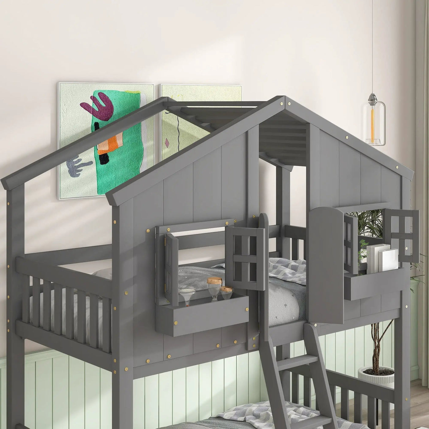 House Bunk Bed With Roof, Window, Window Box, Door, With Safety Guardrails And Ladder by HouseOfZazla