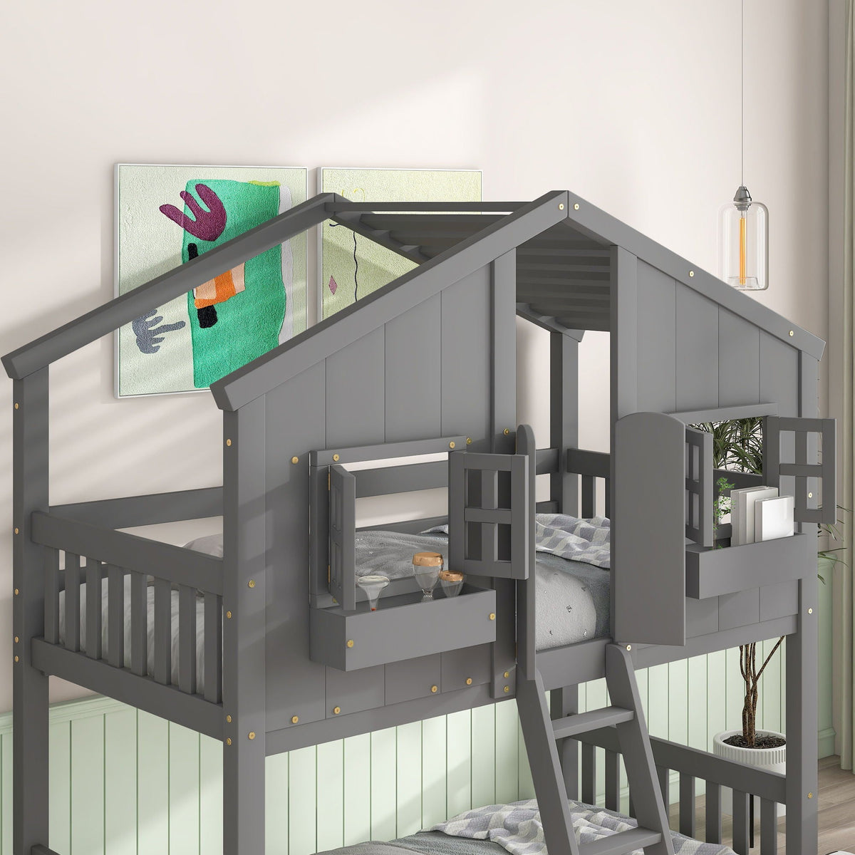 House Bunk Bed with Roof, Windows, and Safety Guardrails – Twin Over Twin, photo 35 of 40