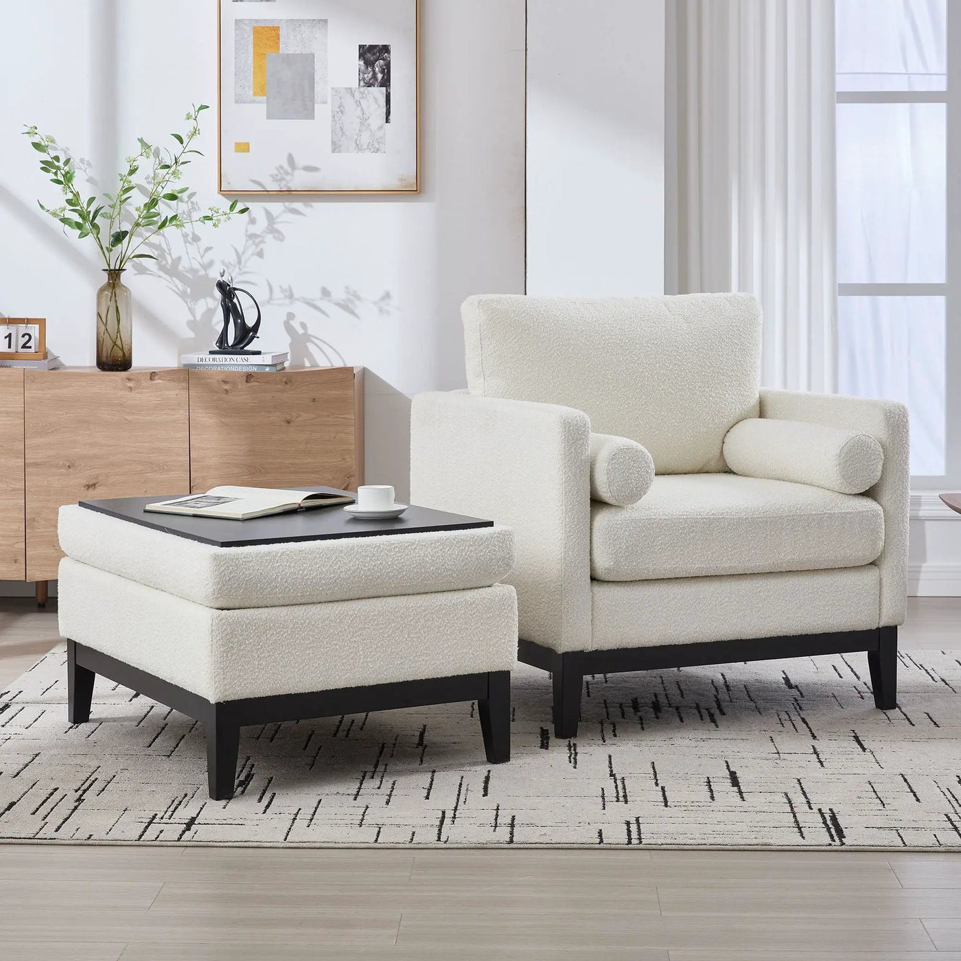 Farmhouse Upholstered Accent Chair With Ottoman, Reversible Lid Coffee Table by Unique Piece Furniture