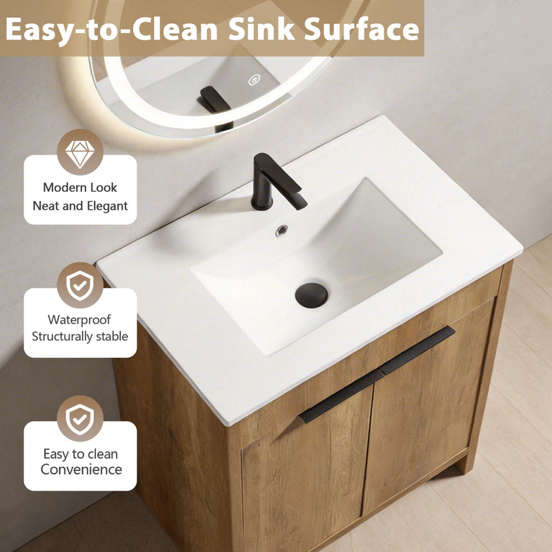 30inch Floor-Standing Bathroom Vanity with 3D Grooved Panel and Integrated Ceramic Sink by HouseOfZazla
