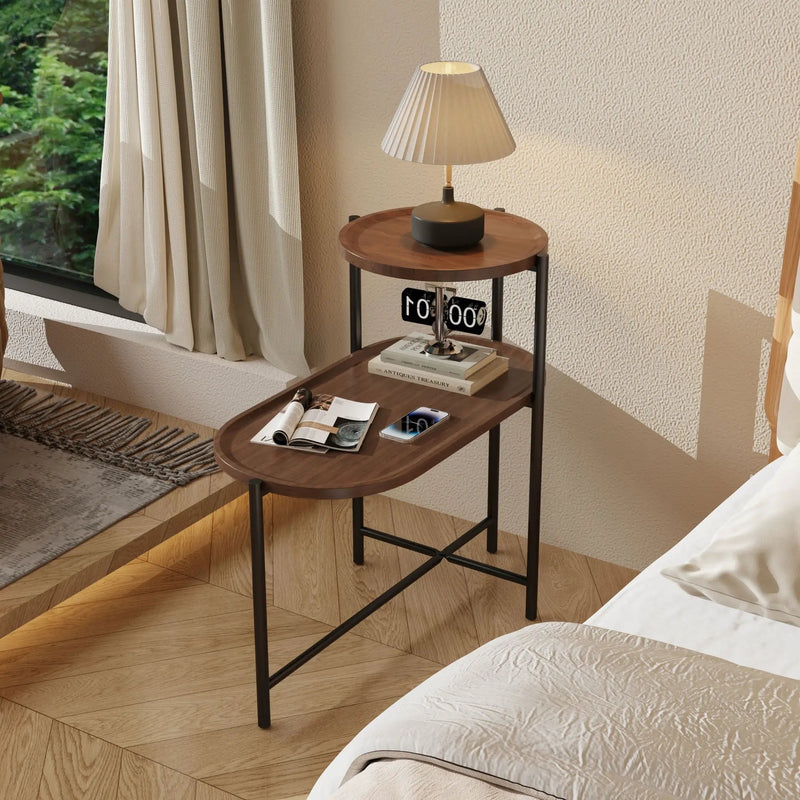 Round Coffee Table With Storage Tray 2 Tier Oval End Tables Wooden Small Side Table For Living Room by HouseOfZazla