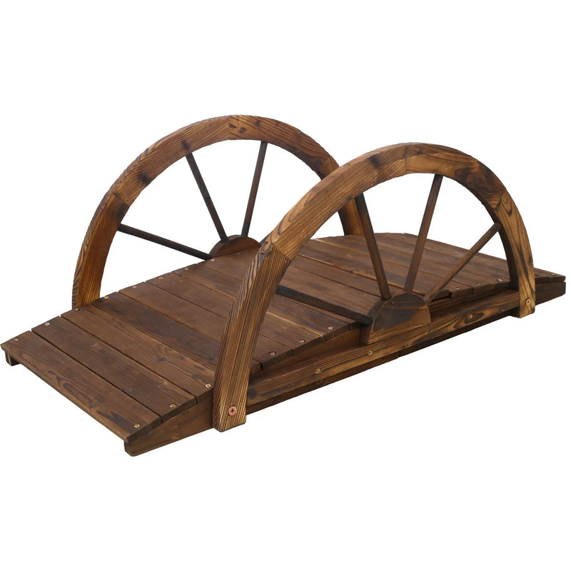 Wooden Garden Bridge Arc Footbridge With Half Wheel Railings Solid Fi - Brown by HouseOfZazla