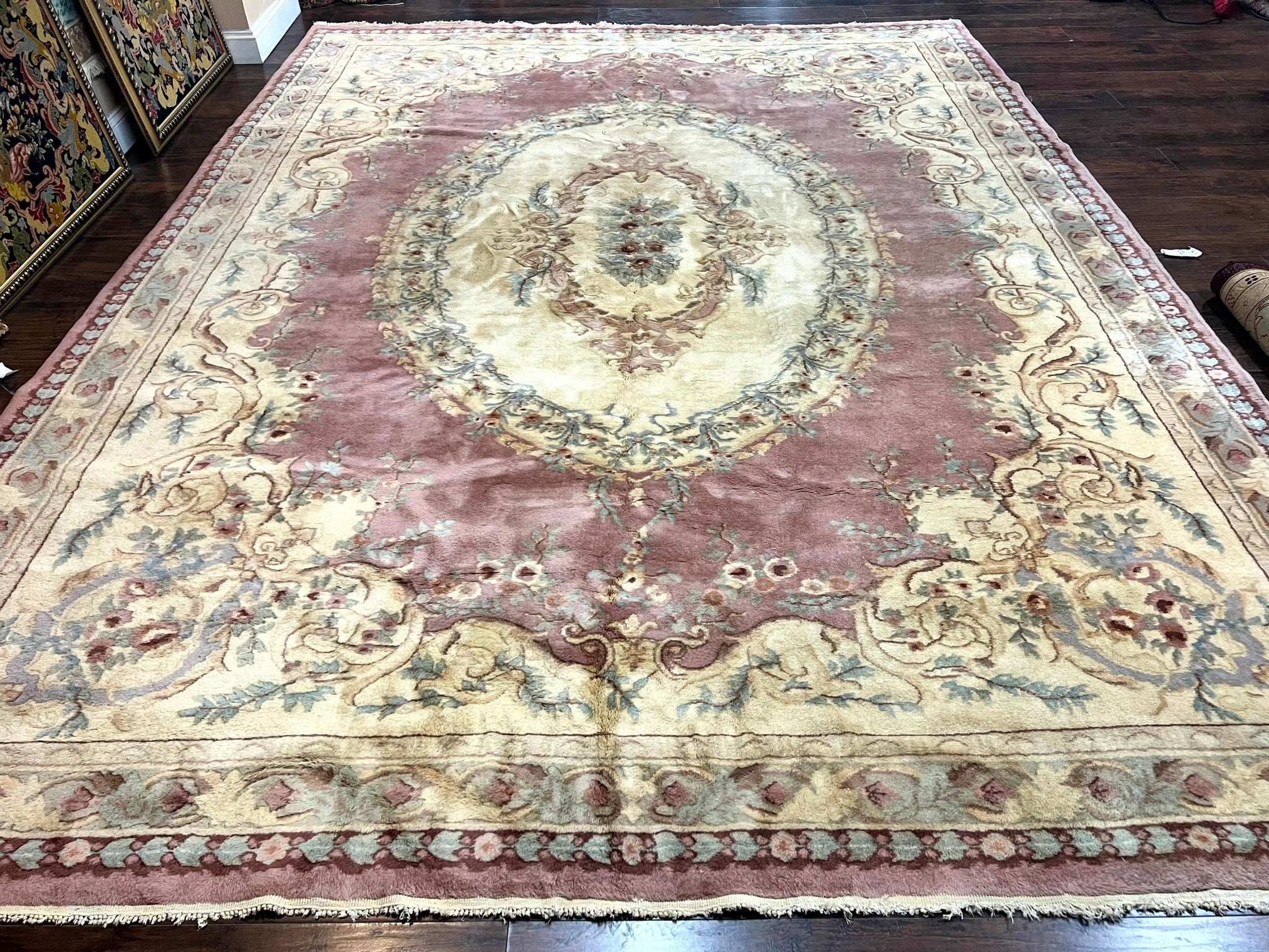 Indo Chinese Aubusson Wool Rug 10x14, Pink and Cream, Handmade Vintage Wool Carpet, Elegant European Design by Jewel Rugs