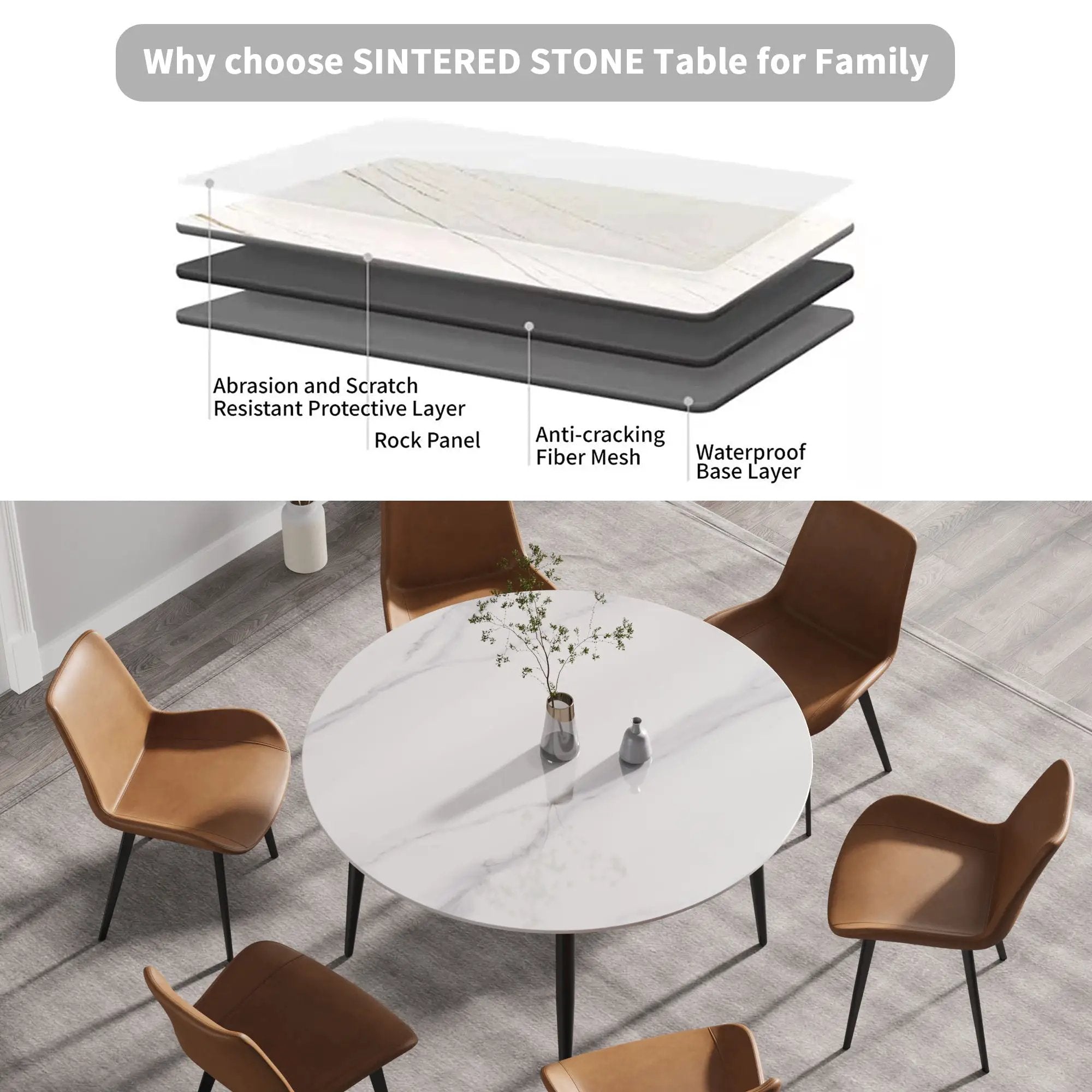 Modern Man-Made Stone Round Metal Dining Table-Position For 6 People by HouseOfZazla