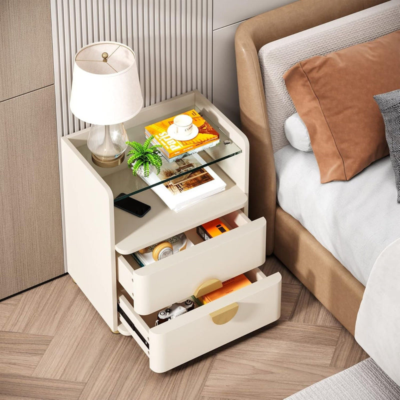 2 Drawer Nightstand With Open Shelf, Bedside Table - Beige by HouseOfZazla