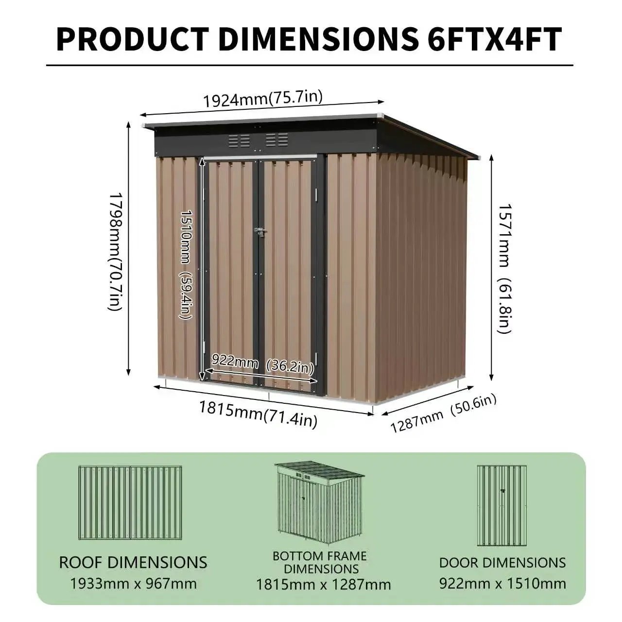 6x4 FT Metal Garden Shed With Hinge Door Pent Roof by HouseOfZazla