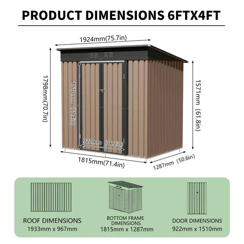 6x4 FT Metal Garden Shed With Hinge Door Pent Roof by HouseOfZazla