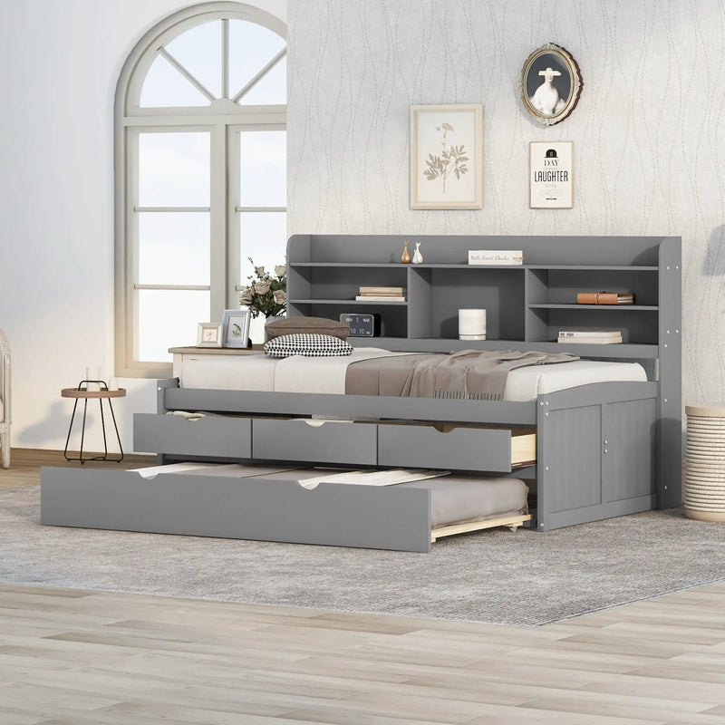 Captain Bed With Built In Bookshelves, 3 Storage Drawers, And Trundle by HouseOfZazla