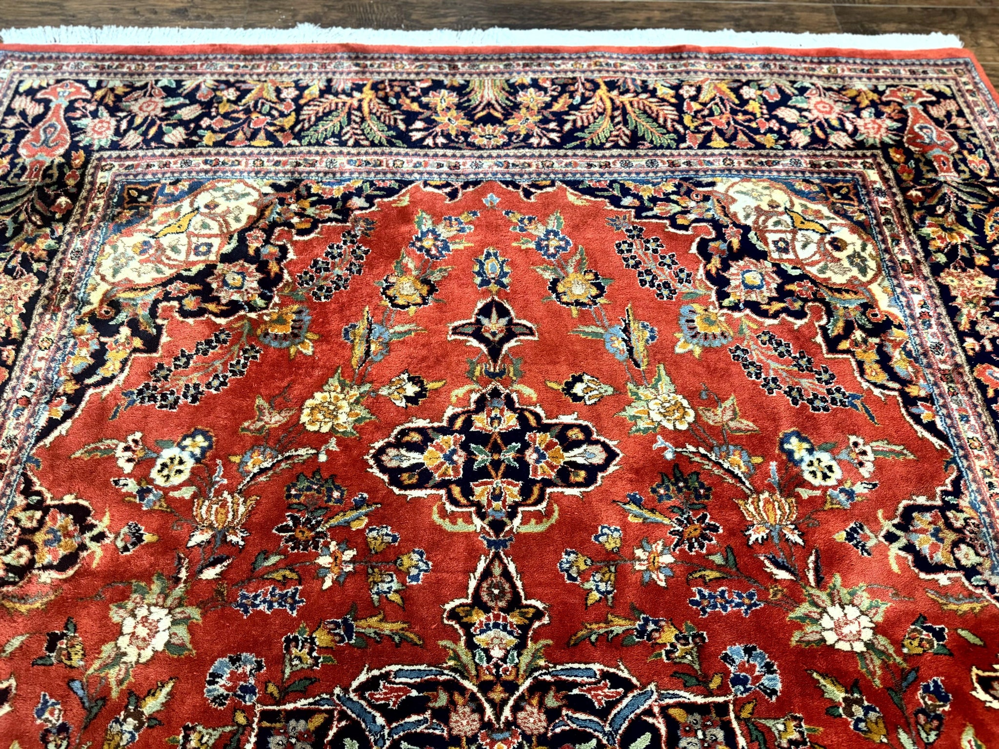 Indo Persian Rug 7x10, Vintage Handmade Wool Carpet, Floral Medallion Traditional Rug, Red and Midnight Blue by Jewel Rugs