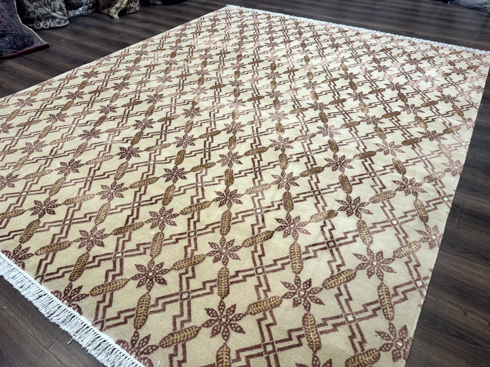 Tibetan Rug 8x10, Wool with Silk Highlights, Beige and Maroon, Contemporary Carpet by Jewel Rugs