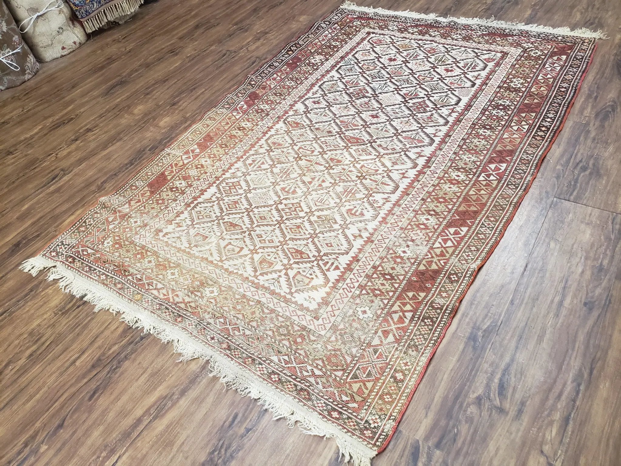 Antique Caucasian Shirvan Rug 4x6, Dagestan Area Rug, Wool Hand-Knotted Soft Red & Ivory 1920s Oriental Carpet, Soft Muted Colors by Jewel Rugs