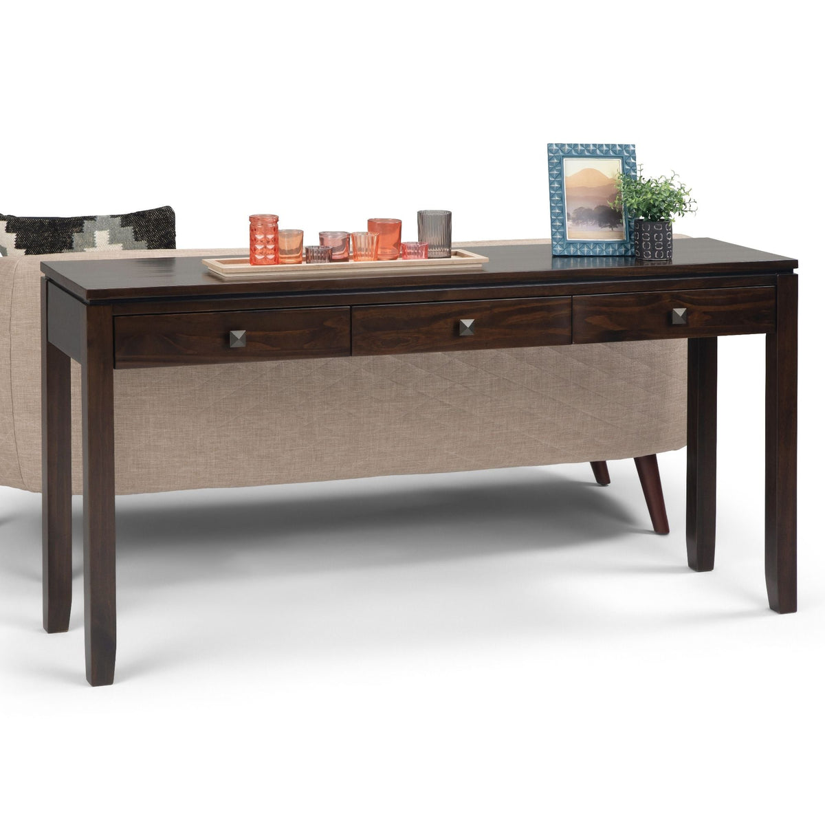 Cosmopolitan Wide Console Sofa Table with Three Drawers - Mahogany Brown, photo 6 of 6