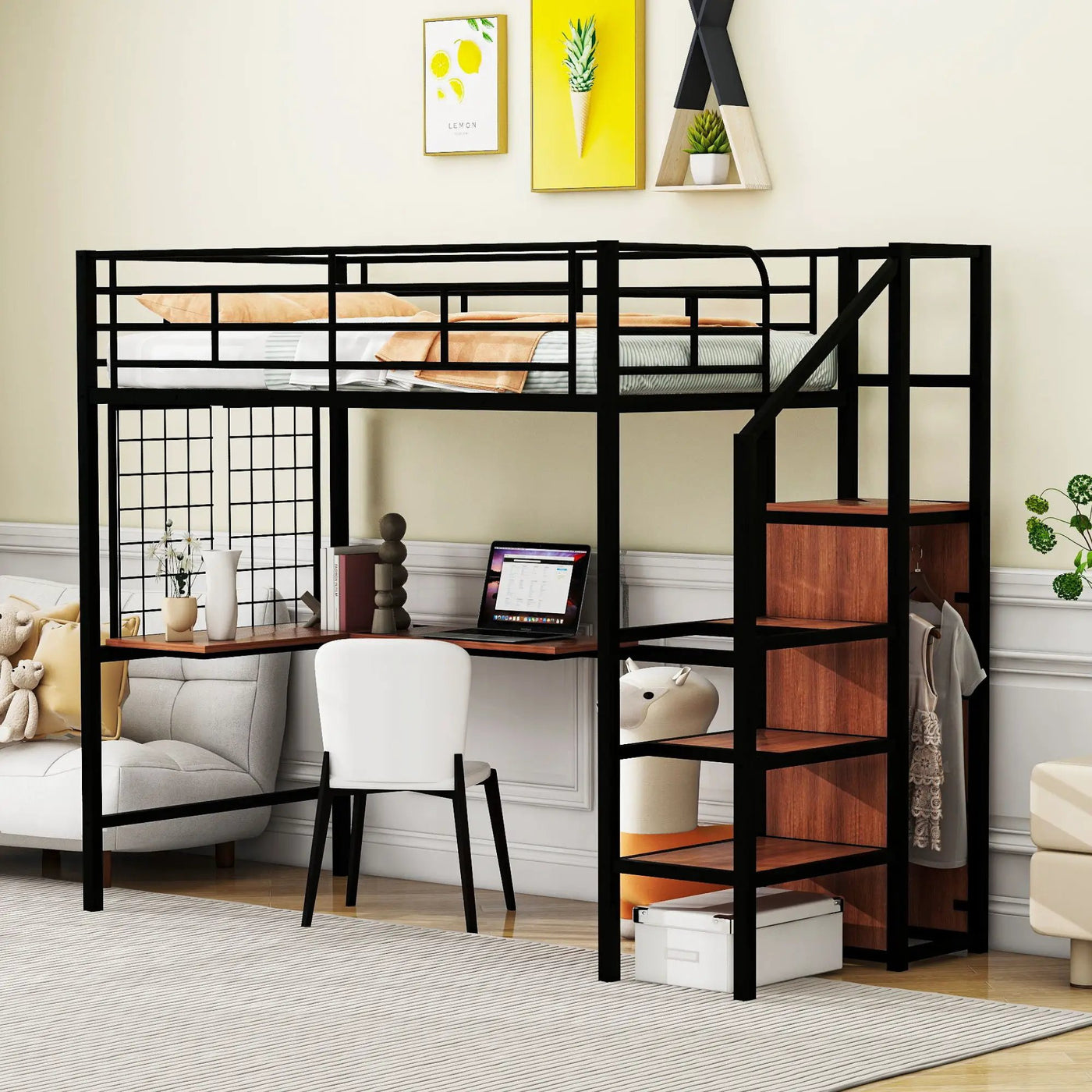 Loft Bed With Desk And Grid, Stylish Frame With Lateral Storage Ladder And Wardrobe by HouseOfZazla