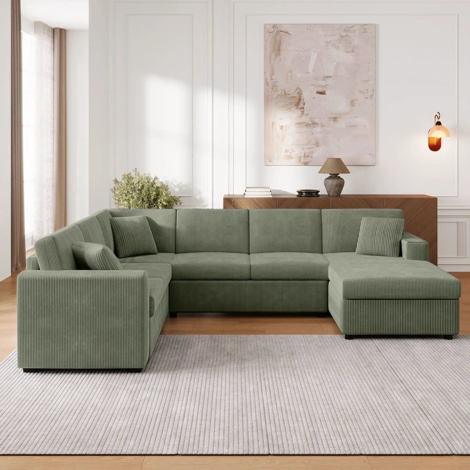 Oversized Sectional U-Shaped Sofa With Chaise Lounge And Three Soft Throw Pillows by Unique Piece Furniture