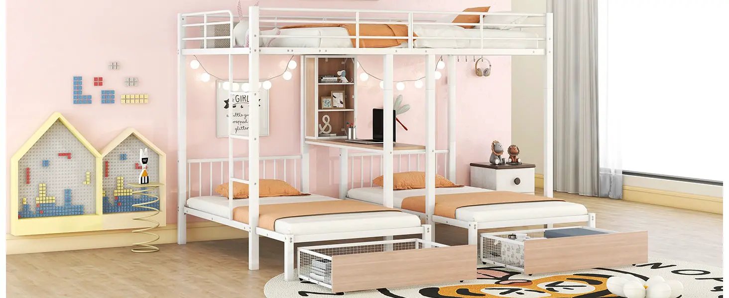 Triple Bunk Bed With Drawers, Multi-Functional Frame With Desks And Shelves In The Middle by HouseOfZazla