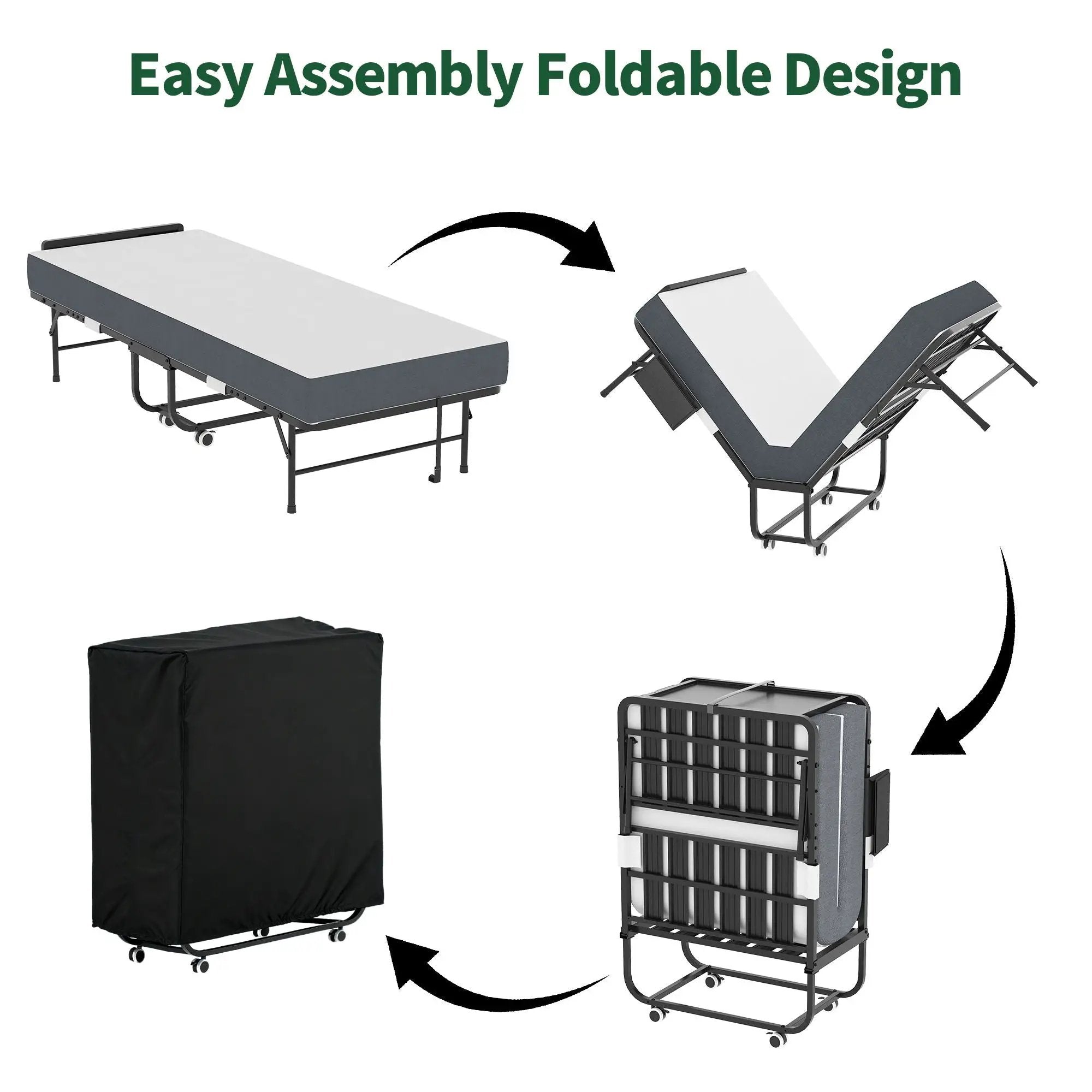 Twin Folding Bed With Adjustable Headboard & Memory Foam Mattress, Portable Coton Wheels For Tall People, Space-Saving Guest Bed - Black by Unique Piece Furniture