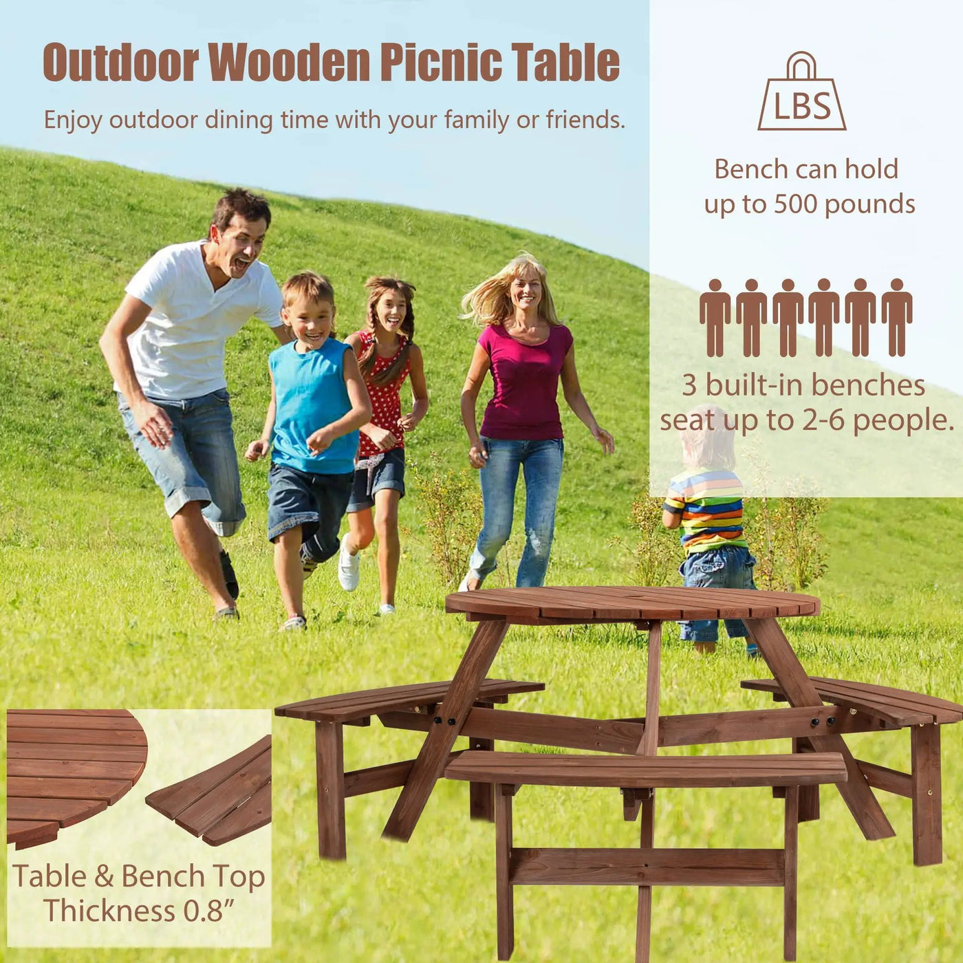 6 Person Circular Outdoor Wooden Picnic Table For Patio, Backyard, Garden, Diy With 3 Built-In Benches, 1720Lb Capacity by HouseOfZazla