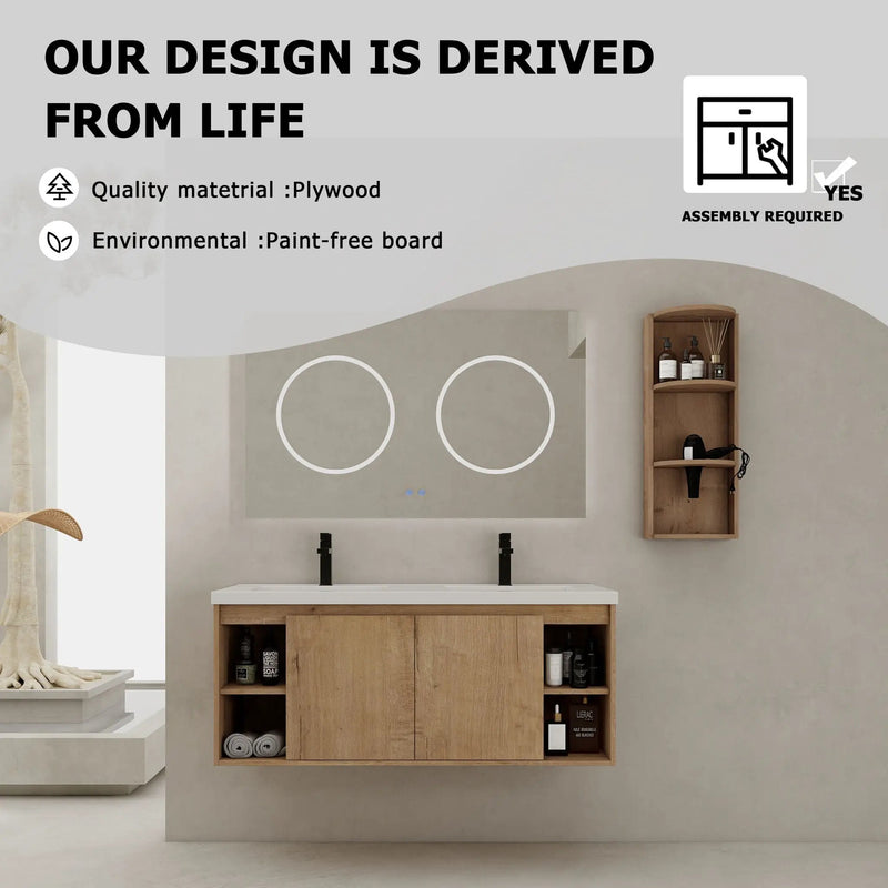 Modern 48" Wall Mounted Bathroom Vanity With Double Resin Sink And Storage Rack Soft Close Doors - Imitative Oak by HouseOfZazla