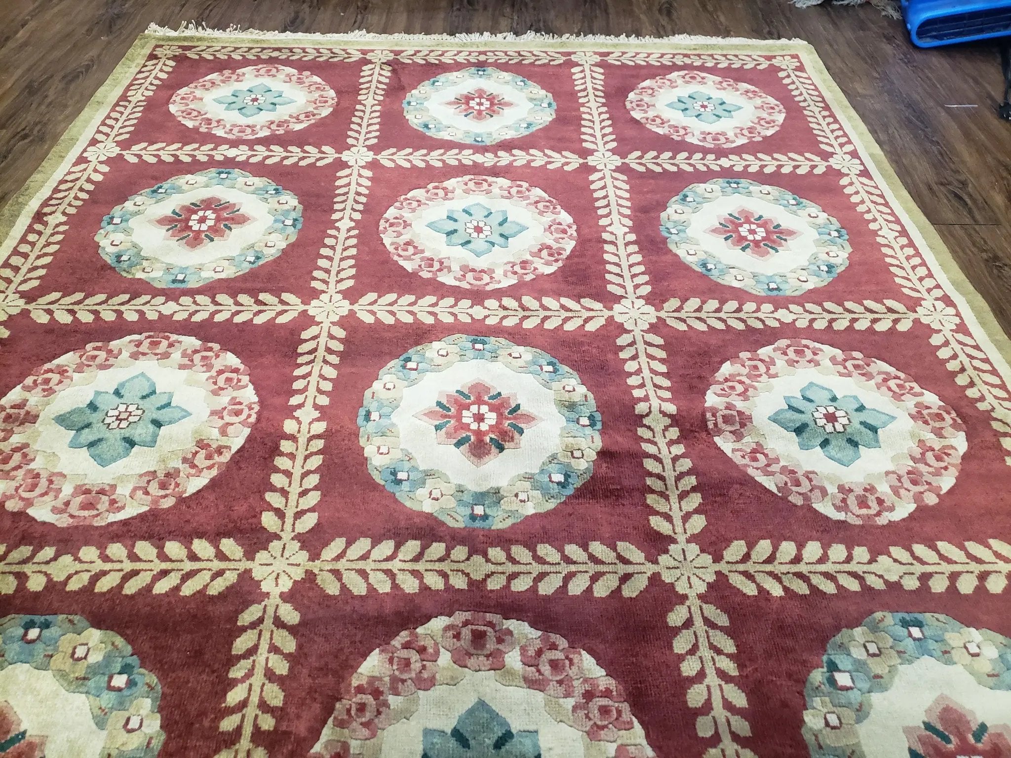 Nepalese Aubusson Panel Rug 6x9, Red & Ivory Soft Plush Tibetan Pile Rug, Wool Hand-Knotted Carpet, 6 x 9 Elegant Area Rug, Office Room Rug by Jewel Rugs