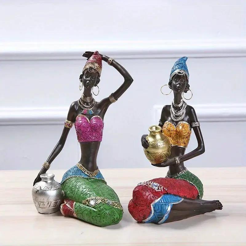 African Tribal Woman Figurine Holding Pot Decorative Statue by House Of Avana