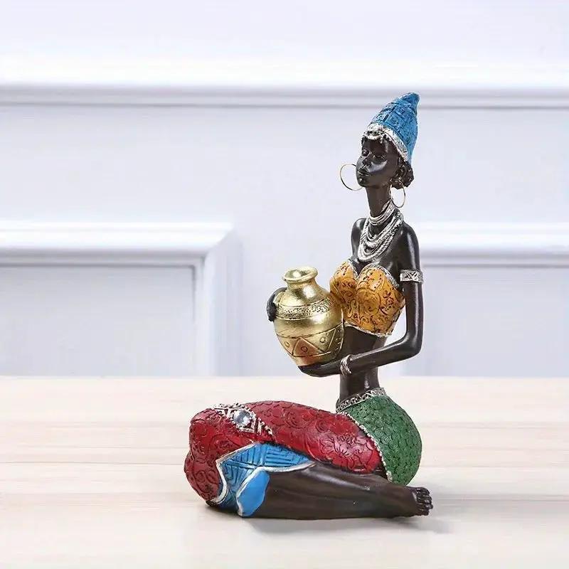 African Tribal Woman Figurine Holding Pot Decorative Statue by House Of Avana