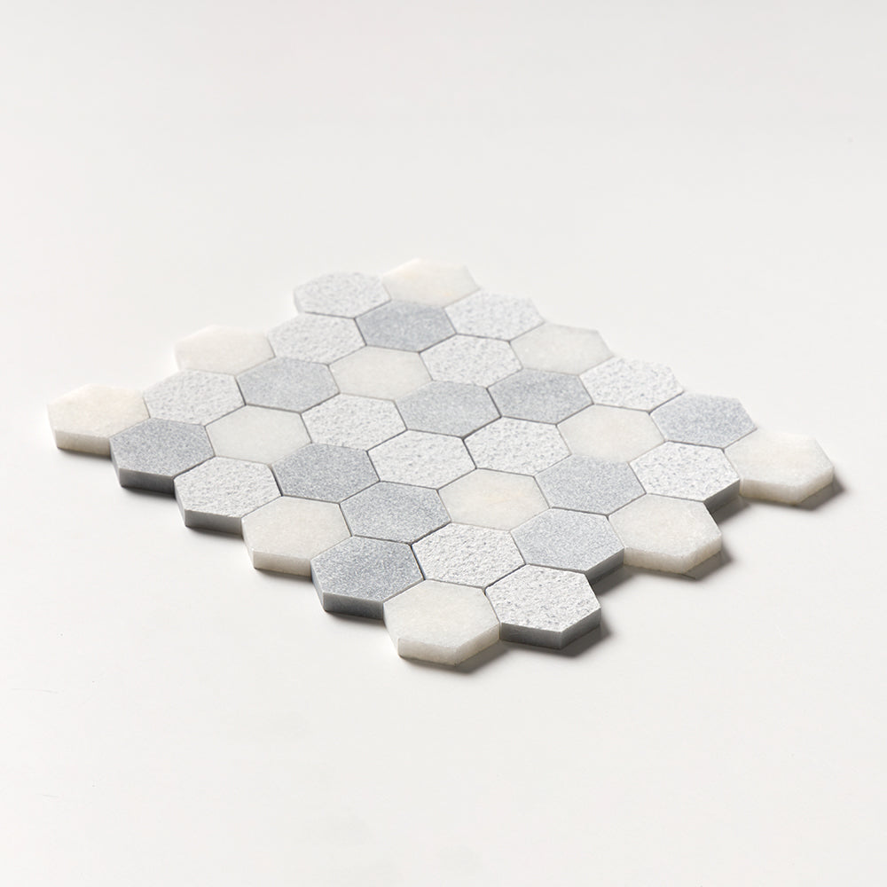 Bardiglio Light, Calacatta T Textured Hexagon 2 Marble Mosaics 10 3/8x12 Marble Textured 12x12 Mosaics — 2