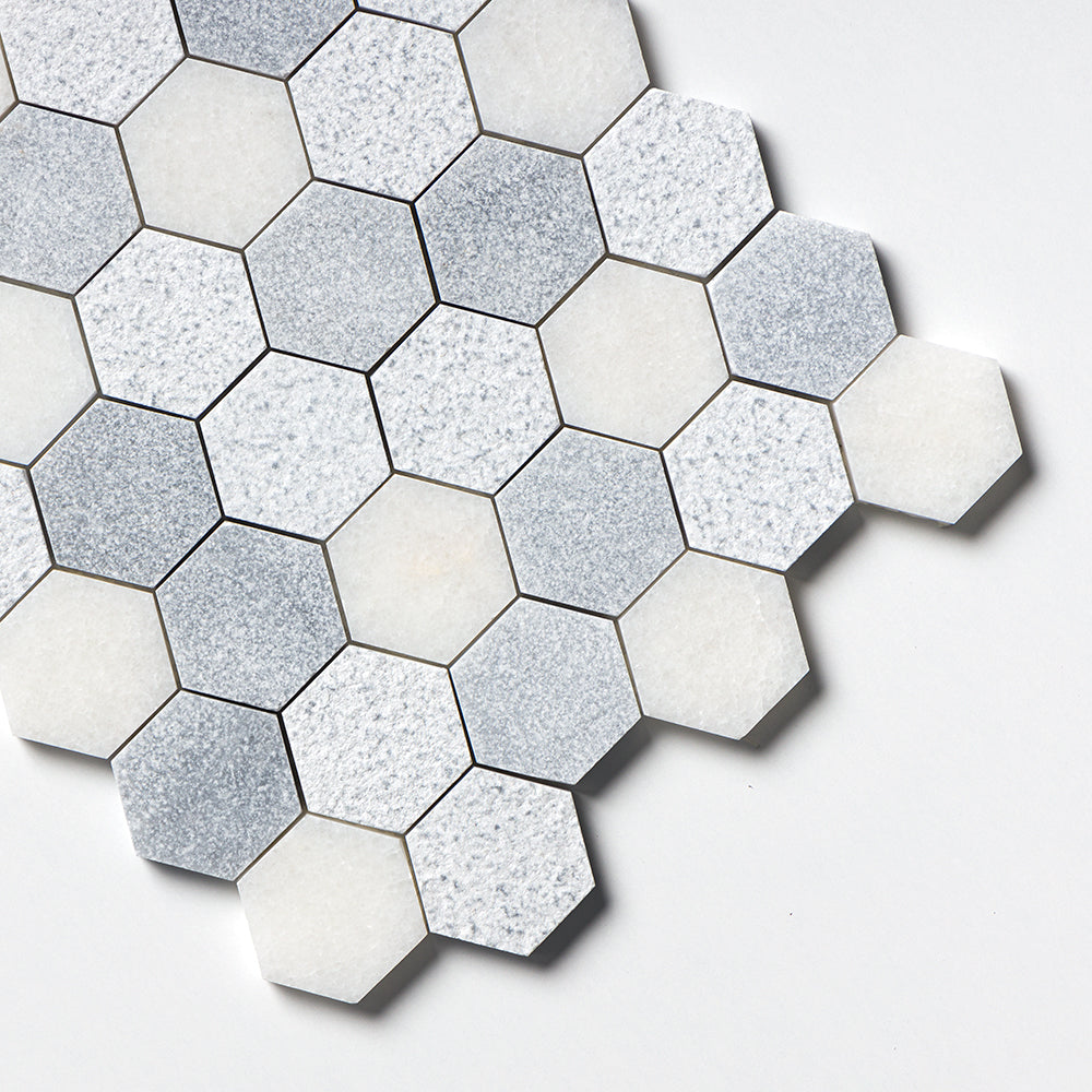 Bardiglio Light, Calacatta T Textured Hexagon 2 Marble Mosaics 10 3/8x12 Marble Textured 12x12 Mosaics — 3
