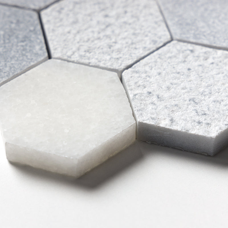 Bardiglio Light, Calacatta T Textured Hexagon 2 Marble Mosaics 10 3/8x12 Marble Textured 12x12 Mosaics — 4
