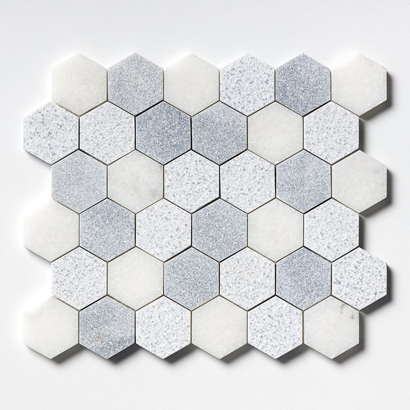 Bardiglio Light, Calacatta T Textured Hexagon 2 Marble Mosaics 10 3/8x12 Marble Textured 12x12 Mosaics