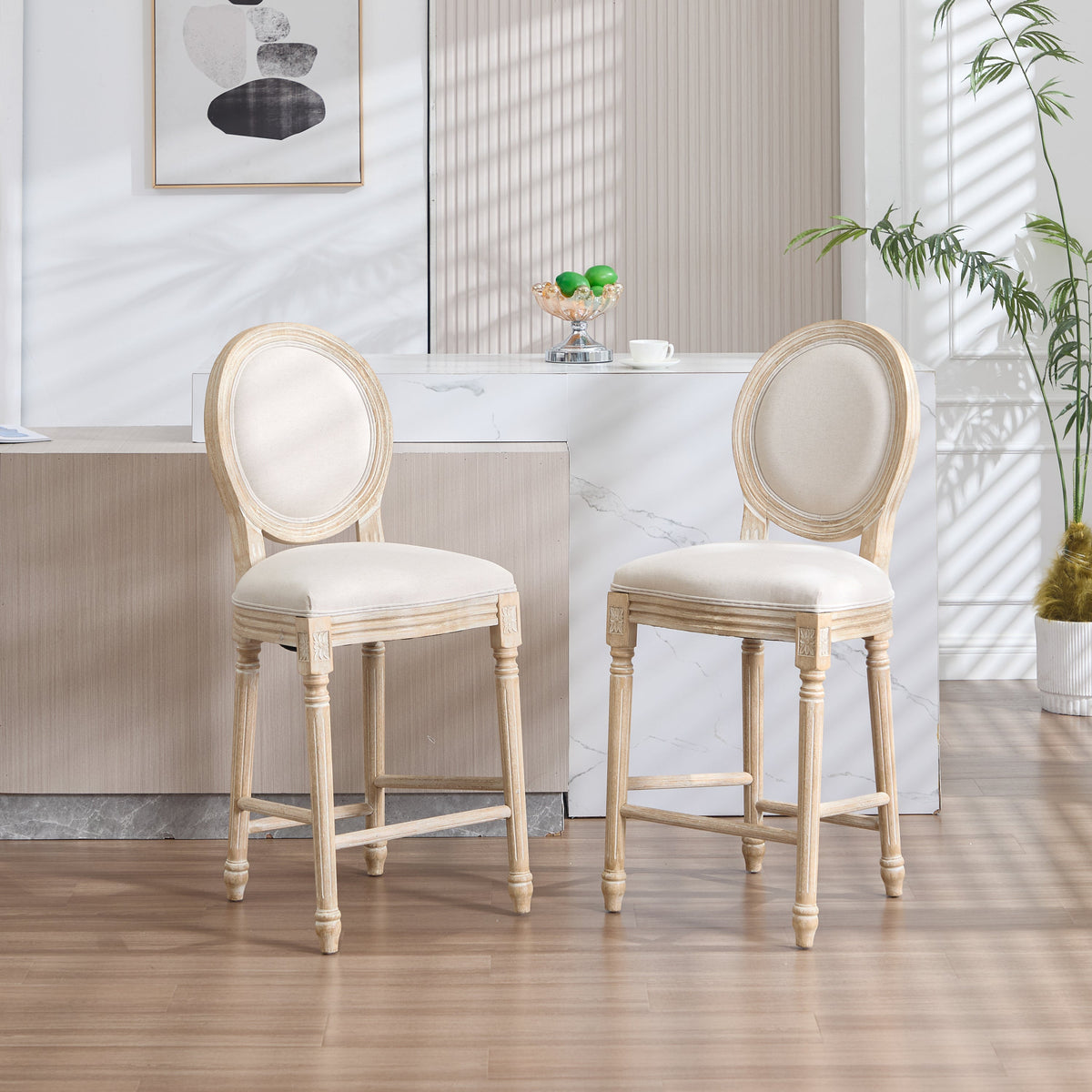 French Country 26'' Height Bar Chairs with Beige Linen Upholstery - Set of 2