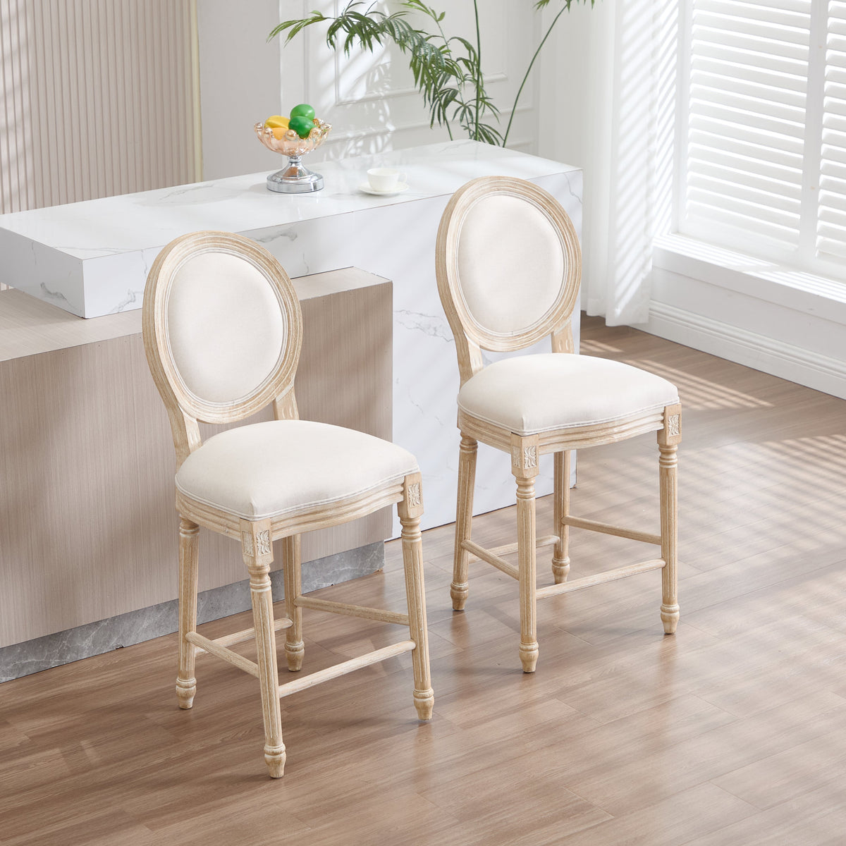 French Country 26'' Height Bar Chairs with Beige Linen Upholstery - Set of 2, photo 10 of 27