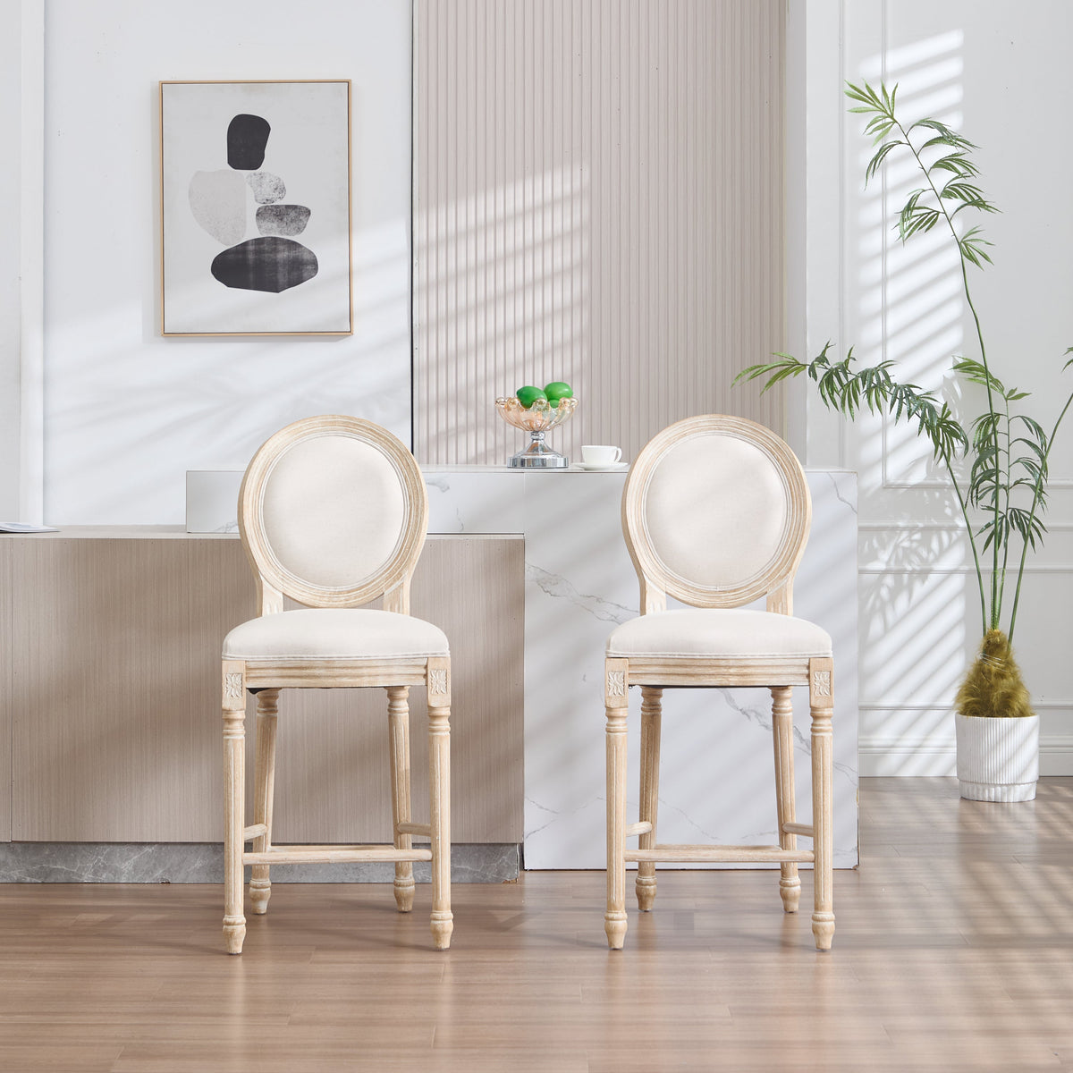 French Country 26'' Height Bar Chairs with Beige Linen Upholstery - Set of 2, photo 11 of 27