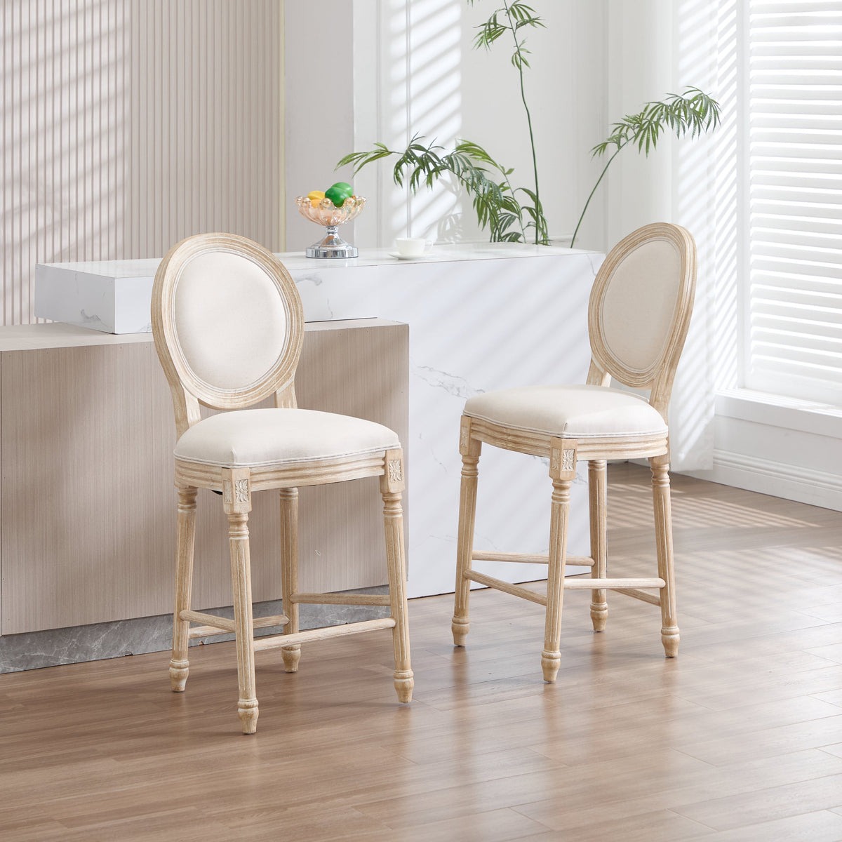 French Country 26'' Height Bar Chairs with Beige Linen Upholstery - Set of 2, photo 14 of 27