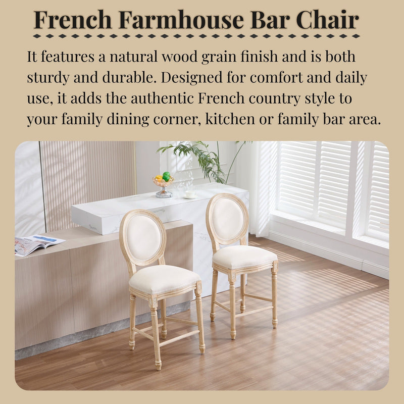 French Country 26'' Height Bar Chairs with Beige Linen Upholstery - Set of 2, photo 2 of 27