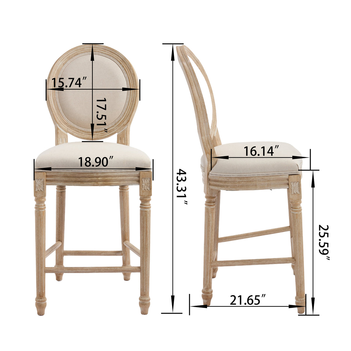 French Country 26'' Height Bar Chairs with Beige Linen Upholstery - Set of 2, photo 22 of 27