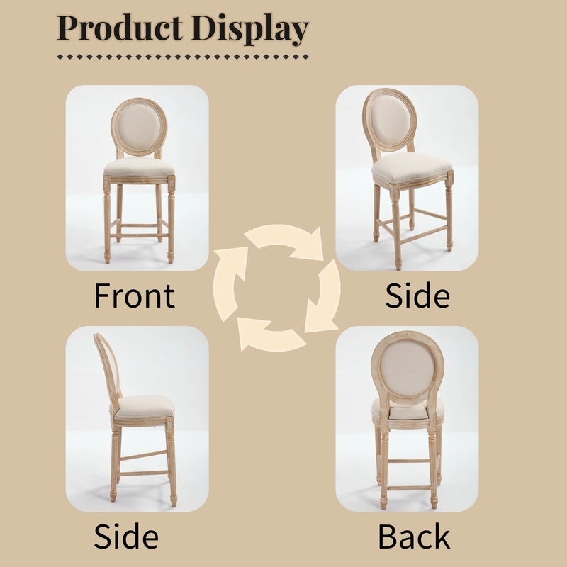 French Country 26'' Height Bar Chairs with Beige Linen Upholstery - Set of 2, photo 4 of 27