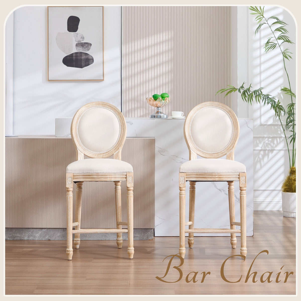 French Country 26'' Height Bar Chairs with Beige Linen Upholstery - Set of 2, photo 9 of 27