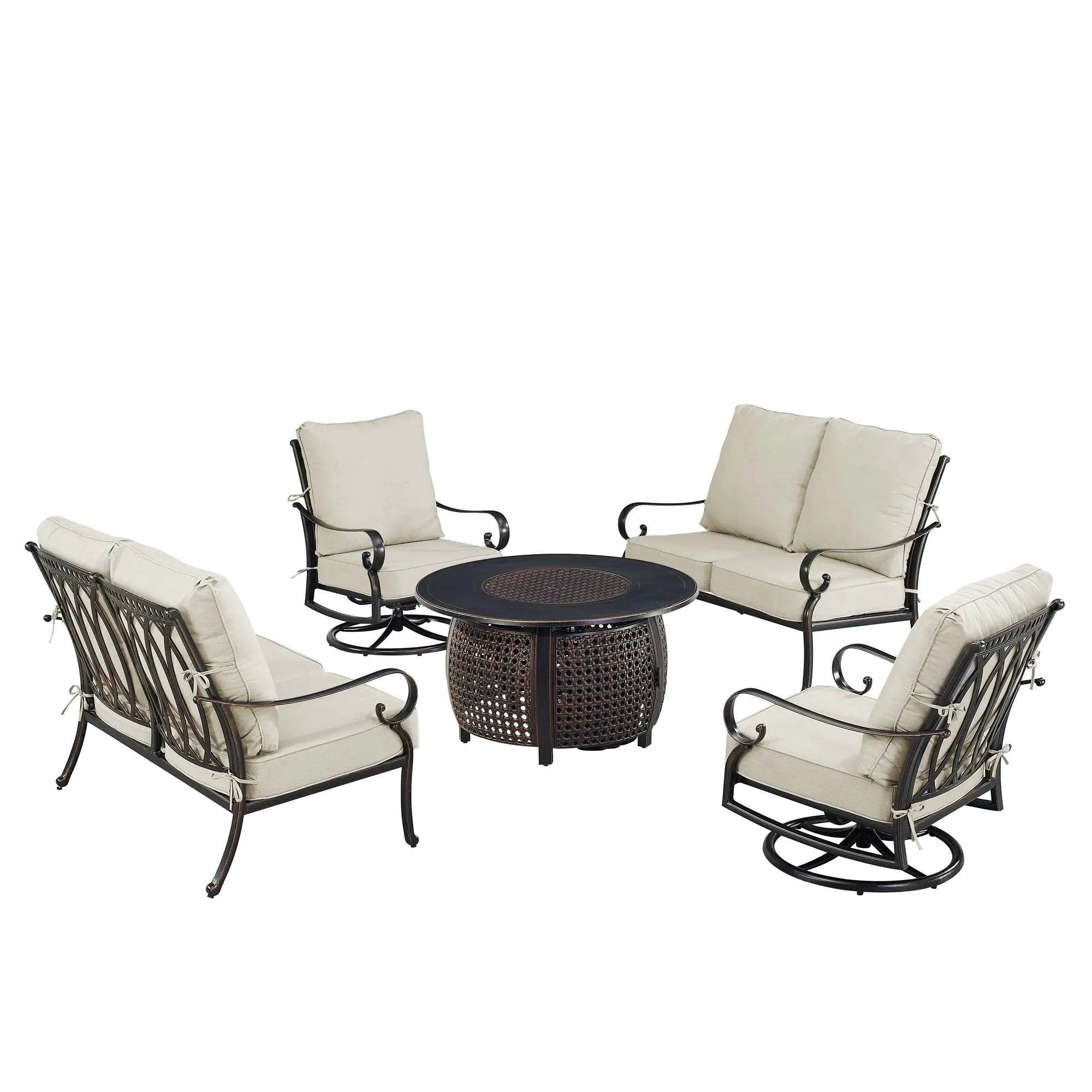 Black Aluminum Fire Table Set with Two Loveseats and Two Club Chairs by Sharicks