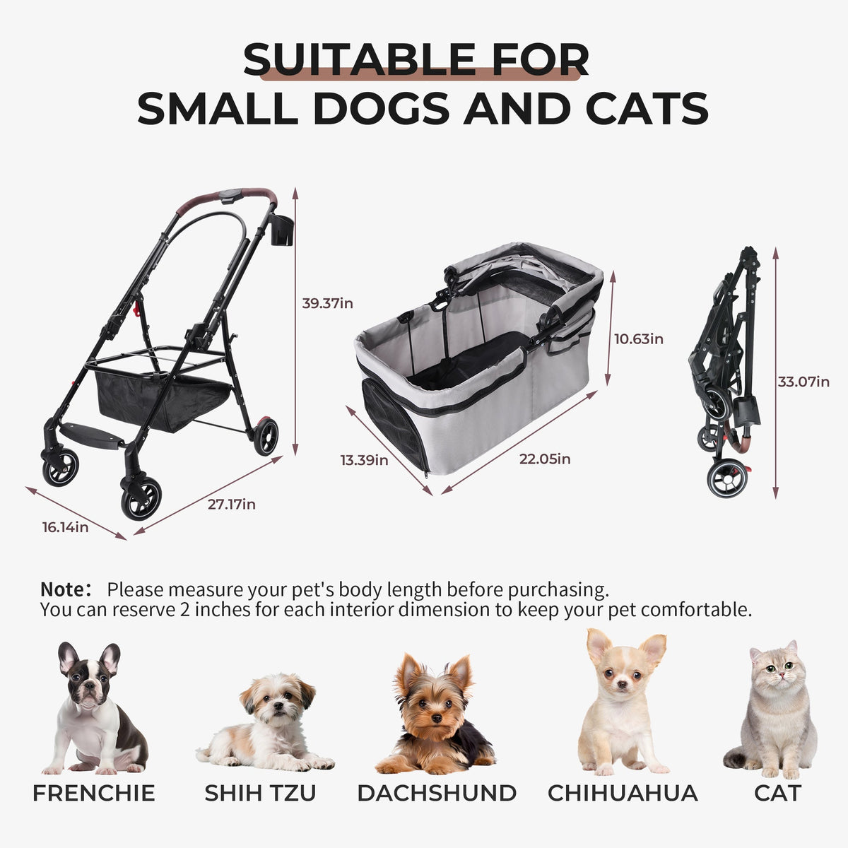 Foldable 4-Wheel Pet Stroller with Adjustable Canopy - Grey, photo 2 of 13
