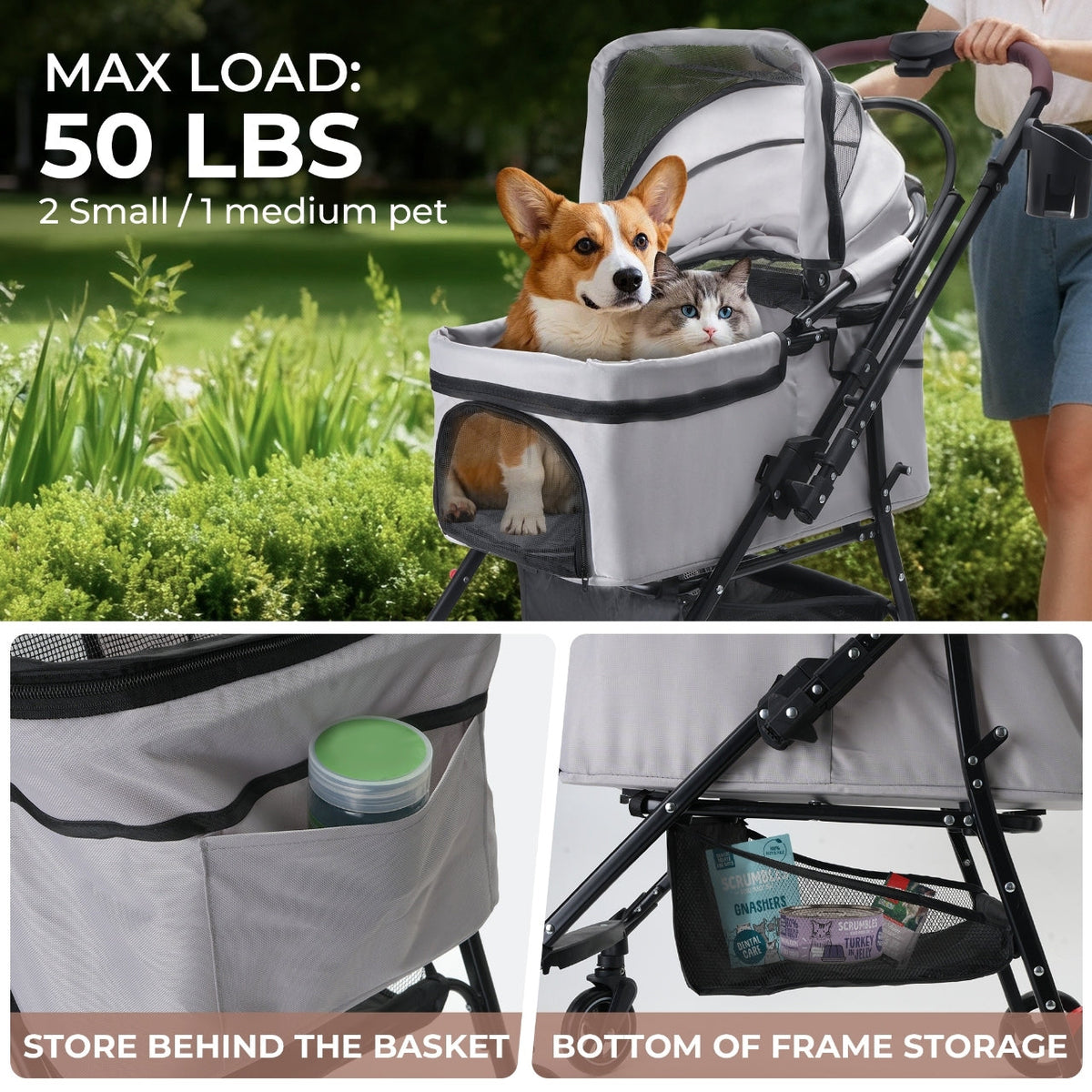 Foldable 4-Wheel Pet Stroller with Adjustable Canopy - Grey, photo 3 of 13