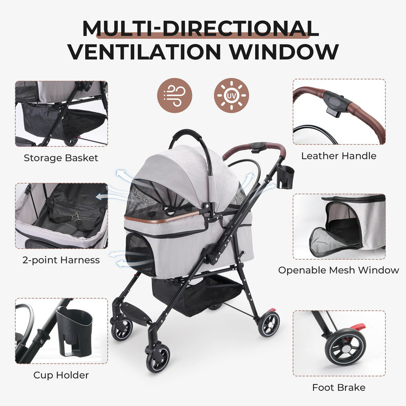 Foldable 4-Wheel Pet Stroller with Adjustable Canopy - Grey, photo 4 of 13