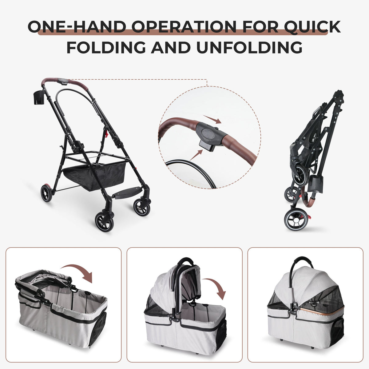 Foldable 4-Wheel Pet Stroller with Adjustable Canopy - Grey, photo 5 of 13