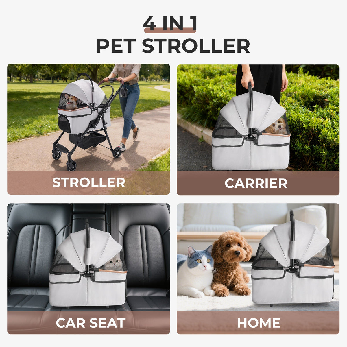 Foldable 4-Wheel Pet Stroller with Adjustable Canopy - Grey, photo 6 of 13
