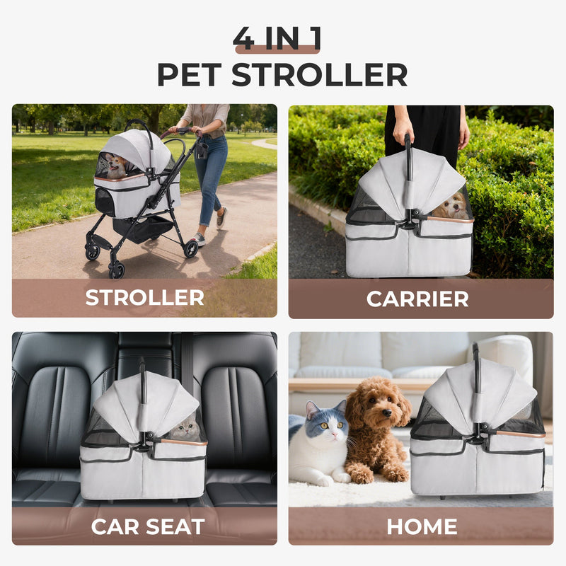 Foldable 4-Wheel Pet Stroller with Adjustable Canopy - Grey, photo 6 of 13