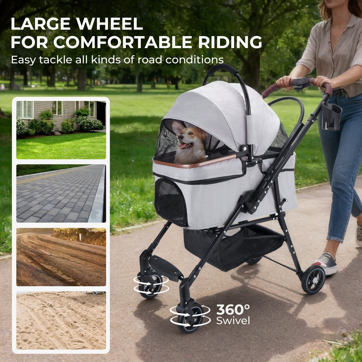 Foldable 4-Wheel Pet Stroller with Adjustable Canopy - Grey, photo 7 of 13