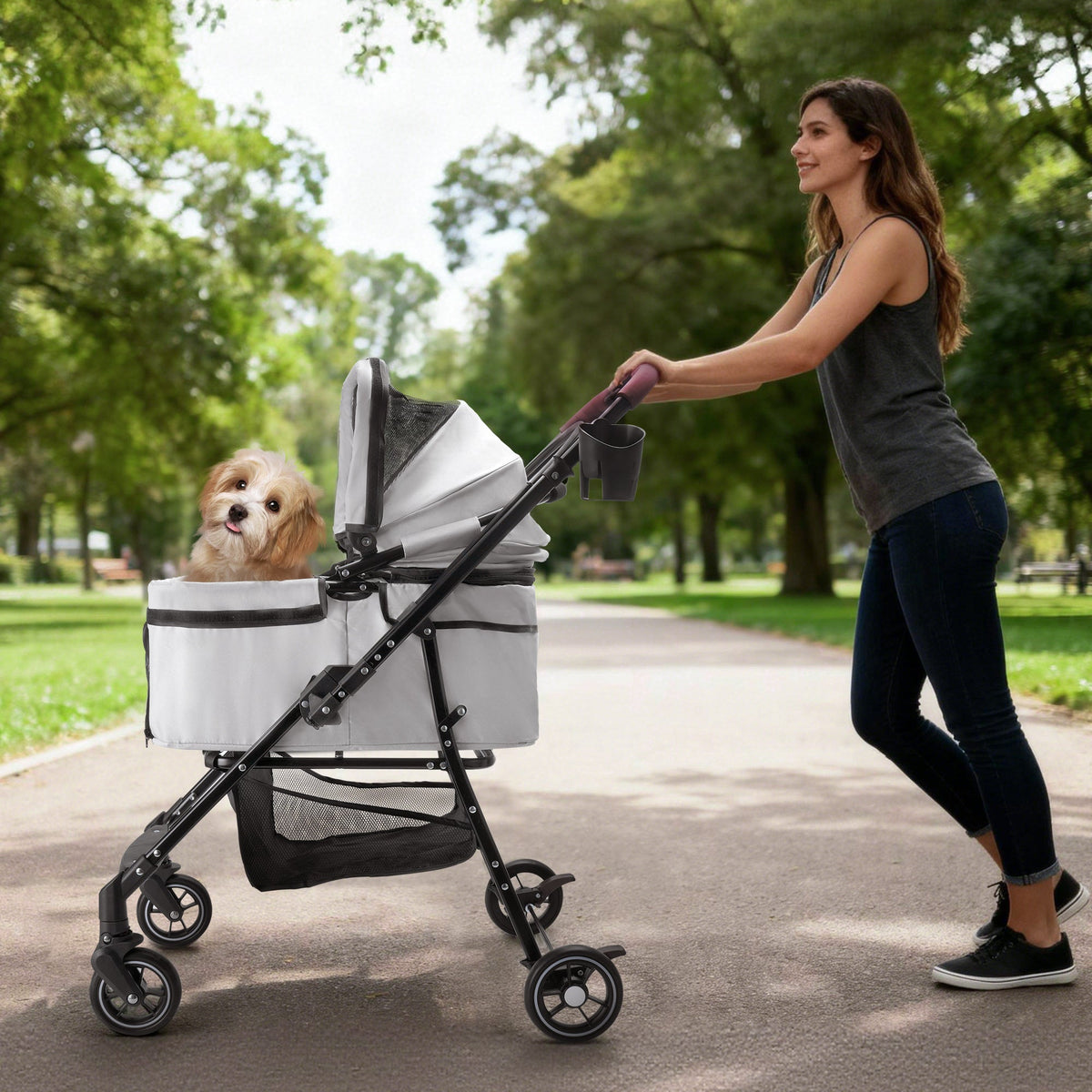 Foldable 4-Wheel Pet Stroller with Adjustable Canopy - Grey, photo 8 of 13