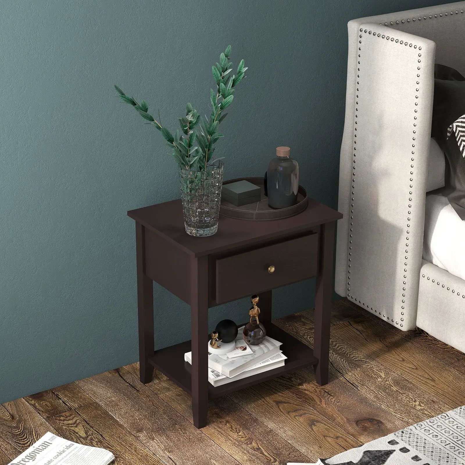 Nightstand with Drawer and Storage Shelf for Bedroom Living Room-Espresso by DirectDeals